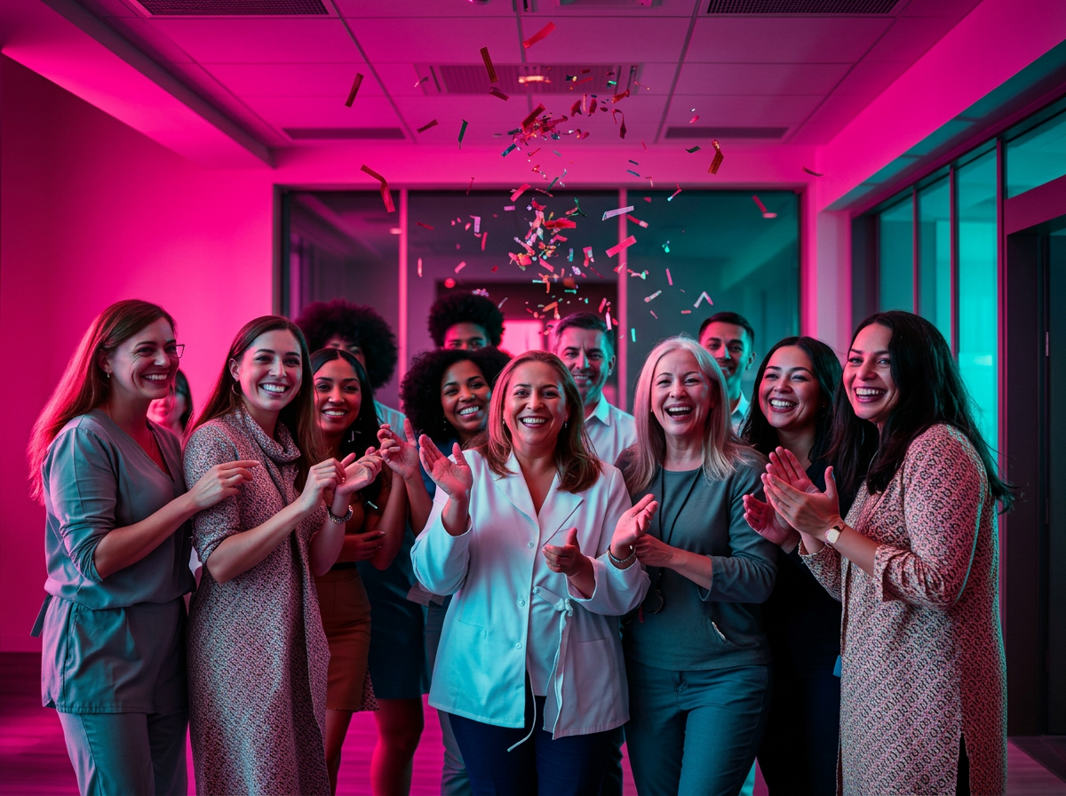 Clinic staff and clients celebrating in a bright lobby