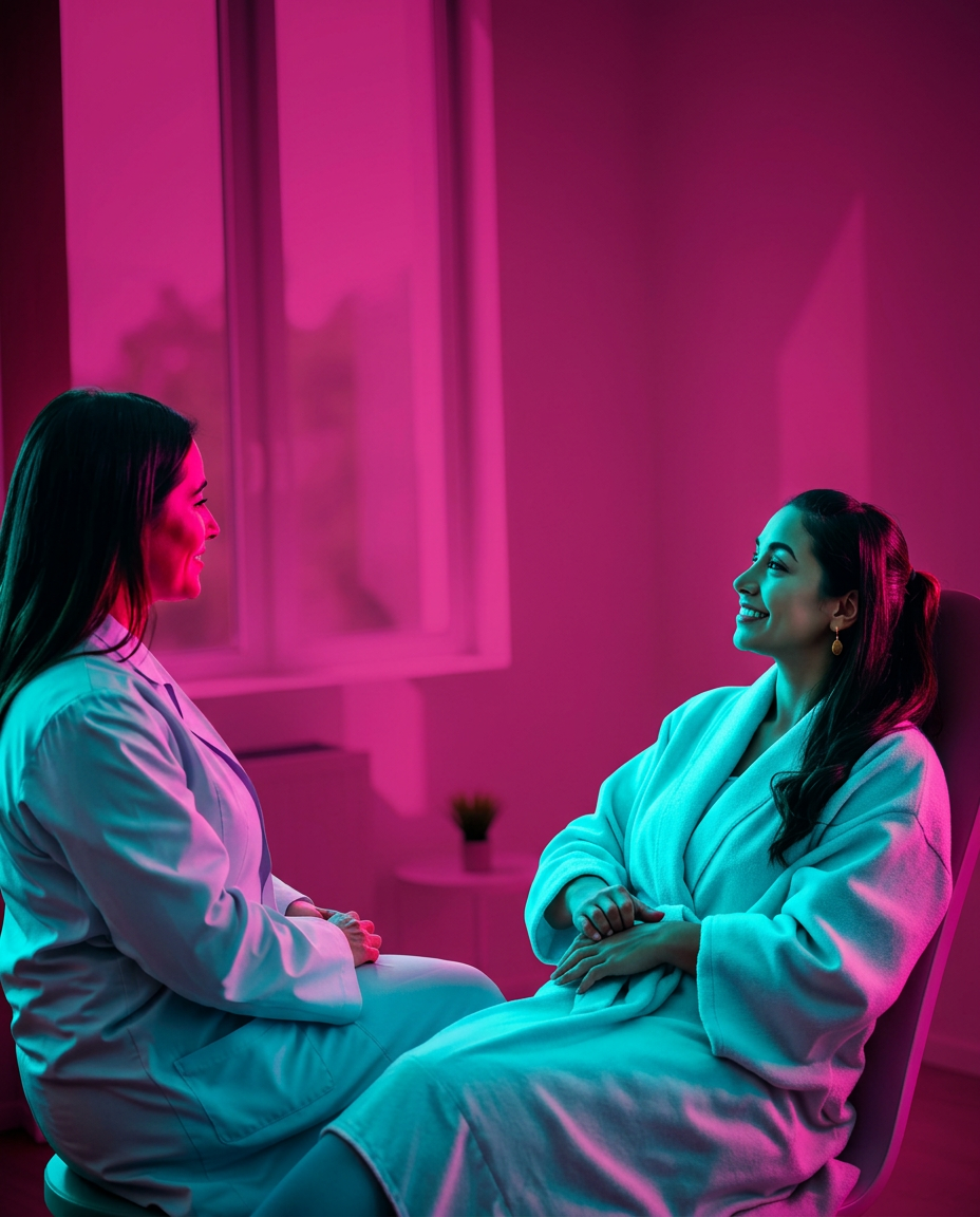 A wellness clinic consultant talking with a client inside a bright treatment room