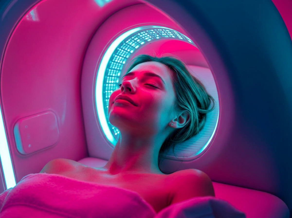 A client relaxing inside a red light therapy bed